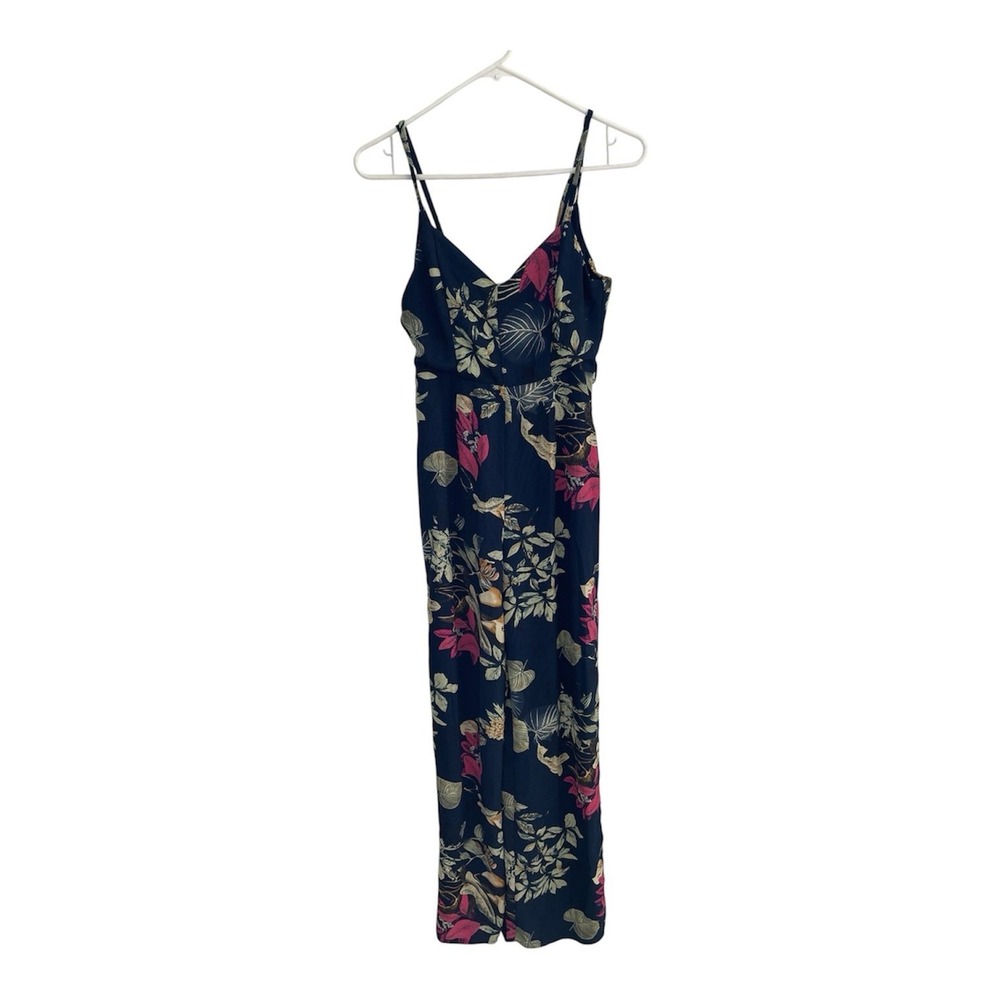 Luxxel Navy Blue Tropical Floral Wide Leg Jumpsuit Small V-Neck Spaghetti Strap - Picture 2 of 8